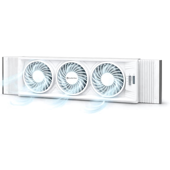Comfort Zone Triple Window Fan with Adjustable Thermostat | 3-Speed High-Velocity Cooling | Horizontal or Vertical Manual Control | Fits Double Hung Windows (Min 25" x 8") | Fully Assembled | White