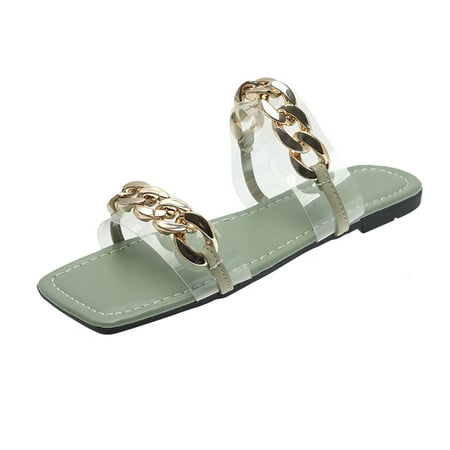 

slipper for Women Fashion Summer Women Slippers Flat Transparent Strap Open Toe Chain Solid Color Flat Casual PU Dress Sandals for Women Green