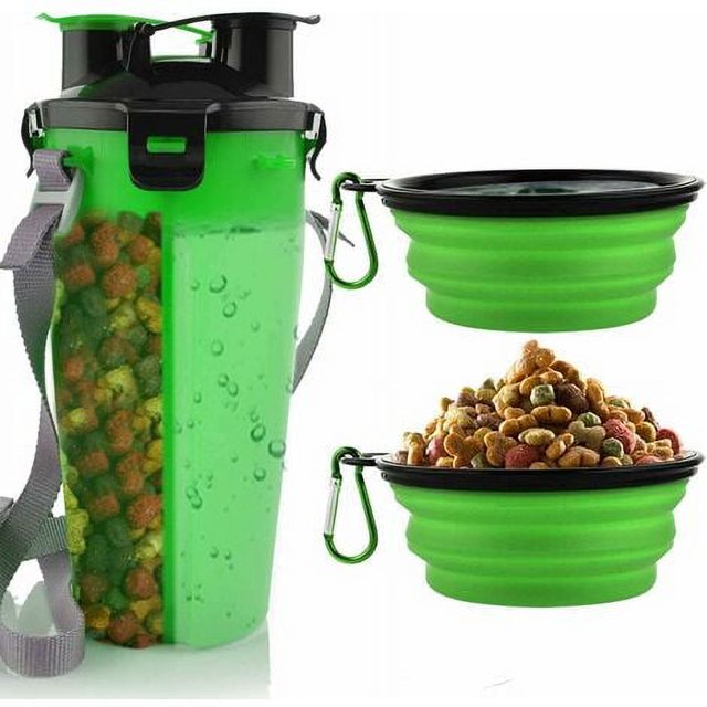 Botella de agua para perros con 2 cuencos plegables, portátil 2 en 1, botella de agua y comida para perros, gatos, mascotas, botella de viaje para caminar, hacer ejercicio, senderismo,