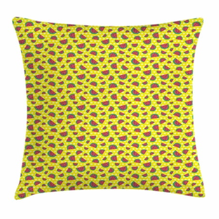 Watermelon Throw Pillow Cushion Cover, Childish Sweet Fresh Summer Fruit with Hand Drawn Style Slices, Decorative Square Accent Pillow Case, 18 X 18 Inches, Yellow Jade Green Dark Coral, by