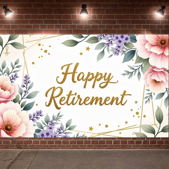 Gold Glitter Text Happy Retirement Banner Floral Decoration Retirement Party Backdrop Pink Peony Gold Geometric Frame Retirement Event Background for Retirement Party Farewell Gathering Office