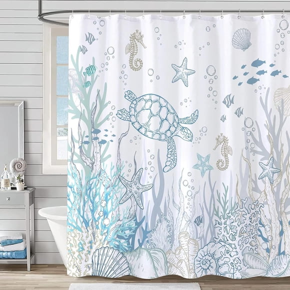 ABDFHE-Nautical Coastal Turtle Shower Curtain, Coral Starfish Seashell Ocean Themed Bathroom Curtain, Underwater Seahorse Bathroom Decor Blue 72 x 72 inch