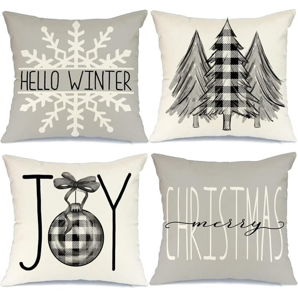 Christmas Pillow Covers 16x16 Set of 4 for Christmas Decorations Buffalo Plaid Xmas Tree Joy Snow Merry Christmas Pillows Winter Holiday Throw Pillows Christmas Farmhouse Decor for Couch