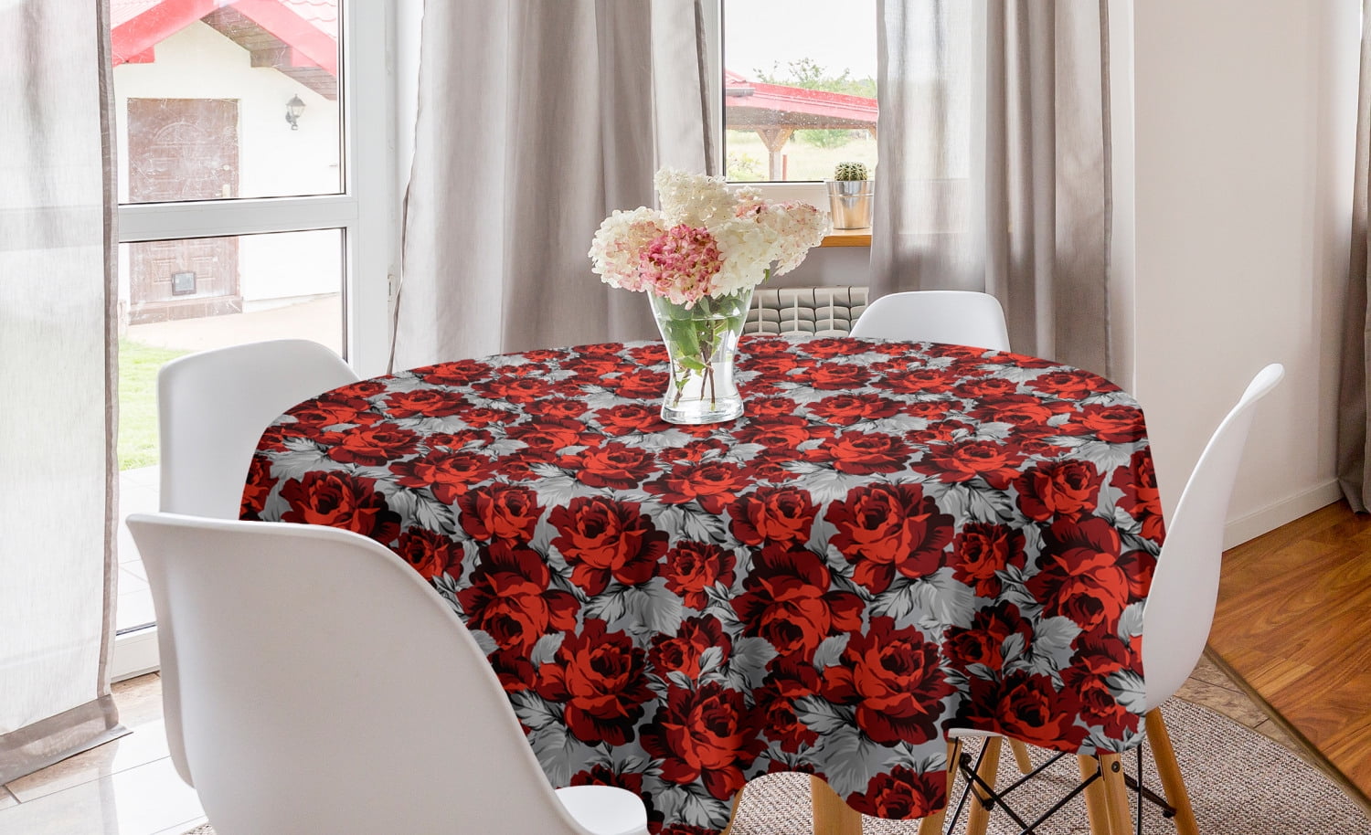 Floral Round Tablecloth, Rose Flowers Vintage Design Elements Petals