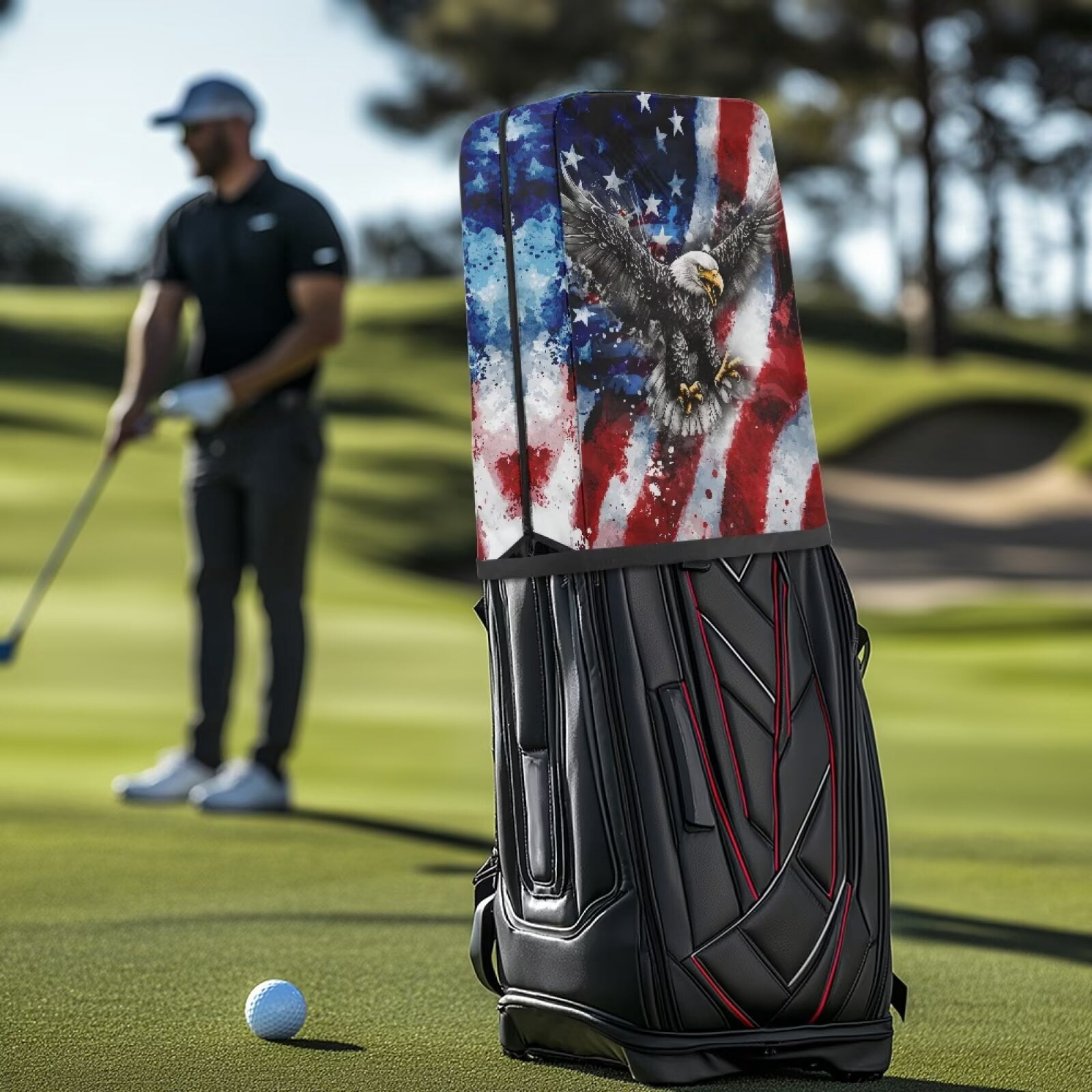 Chririnla Bald Eagle Rain Cape for Golf Bag Waterproof Dust Cover American Flag Golf Club Bags Rain Hood with Adjustable Straps Lightweight Protect from Rain Dust and Sun