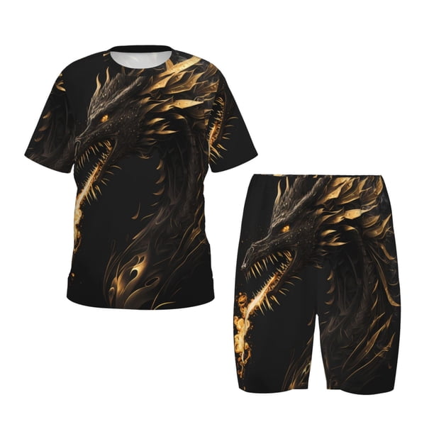 Balery Black And Gold Fire Dragon Conjunto de Pijama Infantil de Manga Corta con Estampado – Ropa de Dormir de Algodón Suave-X-Large