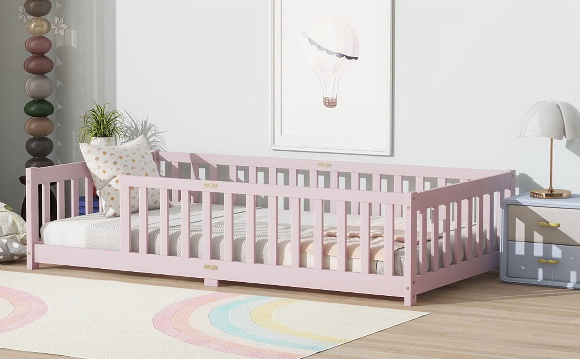 Twin Size Pink Rubber Wood Floor Bed with Full Surround Fence, Kids Safety Guardrail Platform Bed, No Box Spring Needed, 250 lbs Weight Capacity