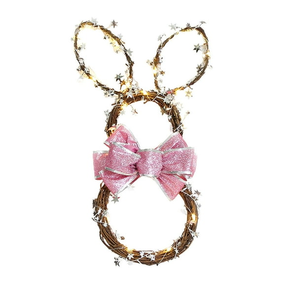 Jierger Easter Handmade Rattan Decoration Rabbit Shape Wreath DIY Wreath Foldable Rattan Rabbit Pendant LED Light for Front Door Hanger Easter wall Sign for Spring Home Porch Decoration