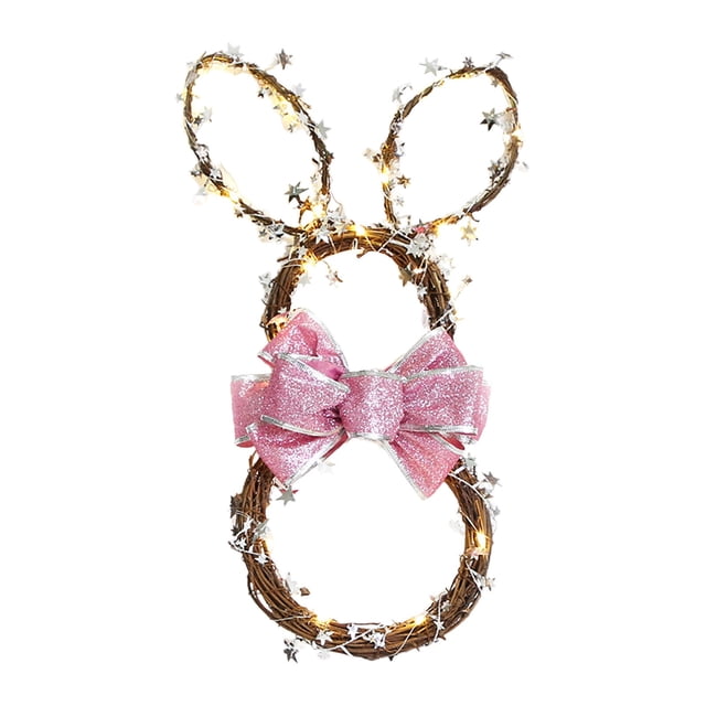 Easter Handmade Rattan Decoration Rabbit Shape Wreath DIY Wreath Foldable Rattan Rabbit Pendant LED Light