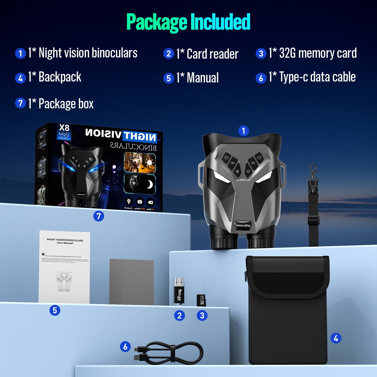 BEBANG 4k Night Vision Binoculars, 3" IPS Screen, HD Digital Infrared Night Vision Goggles, 32GB