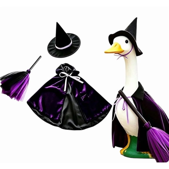 Halloween Witch Gooses Costumes Set Porch Lawns Gooses Witch Hat Cloak Brooms Kit Purple Satin Gooses Outfit Spooky Yard Seasonals Decor Accessories