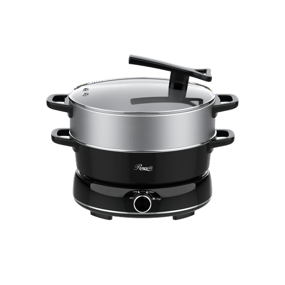 Rosewill 12.7 QT Electric Hot Pot with Multiple Functions, Split Design with 11.8 inch Wider Cooking Pot and SUS Steam Basket, 1600W High Power, Includes Utensils - Black