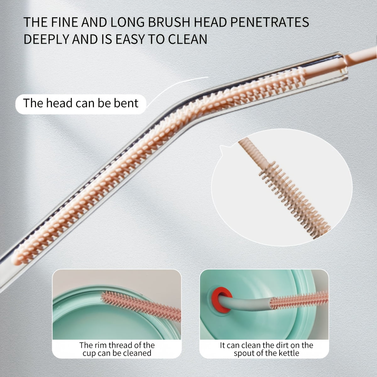 Silicone Straw Cleaning Brush | Extra-Long Slim Brush Head, Designed for Narrow Tubes, Easily Reaches into Lid Straws/ Bottle Straws/Thermos Cups, Food-Grade Flexible for Thorough Stain Removal