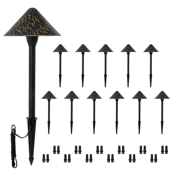 12-Pack Low Voltage Pathway Lights, 3W 12-24VAC/DC CRI90  Low Profile LED Landscape Path Lights, Cone Head with Vintage Golden Texture, Black Aluminum Housing,2700K Warm White for Pathway