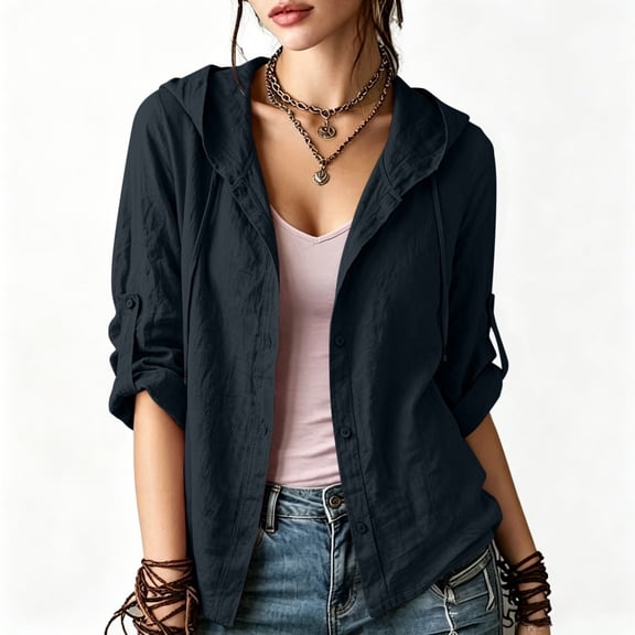 Ynynloco Womens 100%Cotton Tops 3/4 Sleeve Lightweight Drawstring Hoodies Button V Neck Casual Blouses Shirts
