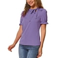 thumbnail image 4 of INSPIRAR CHIC Blusas de Verano para Mujeres de Color Sólido con Lazo en el Cuello y Mangas Cortas para Usar en el Trabajo Violeta S, 4 of 6