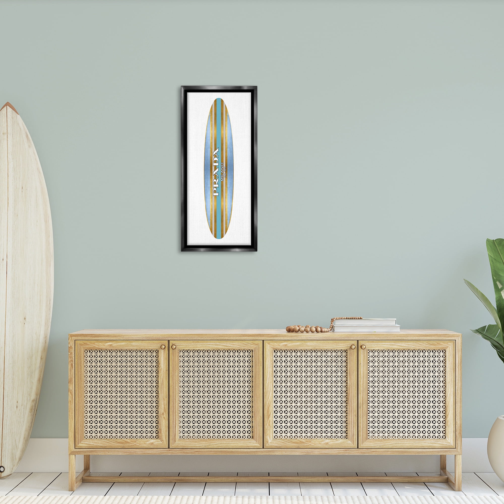 Stupell Industries Fashion Glam Surfboard Nature Painting Black Floater Framed Canvas Art Print Wall Art, 14 x 31