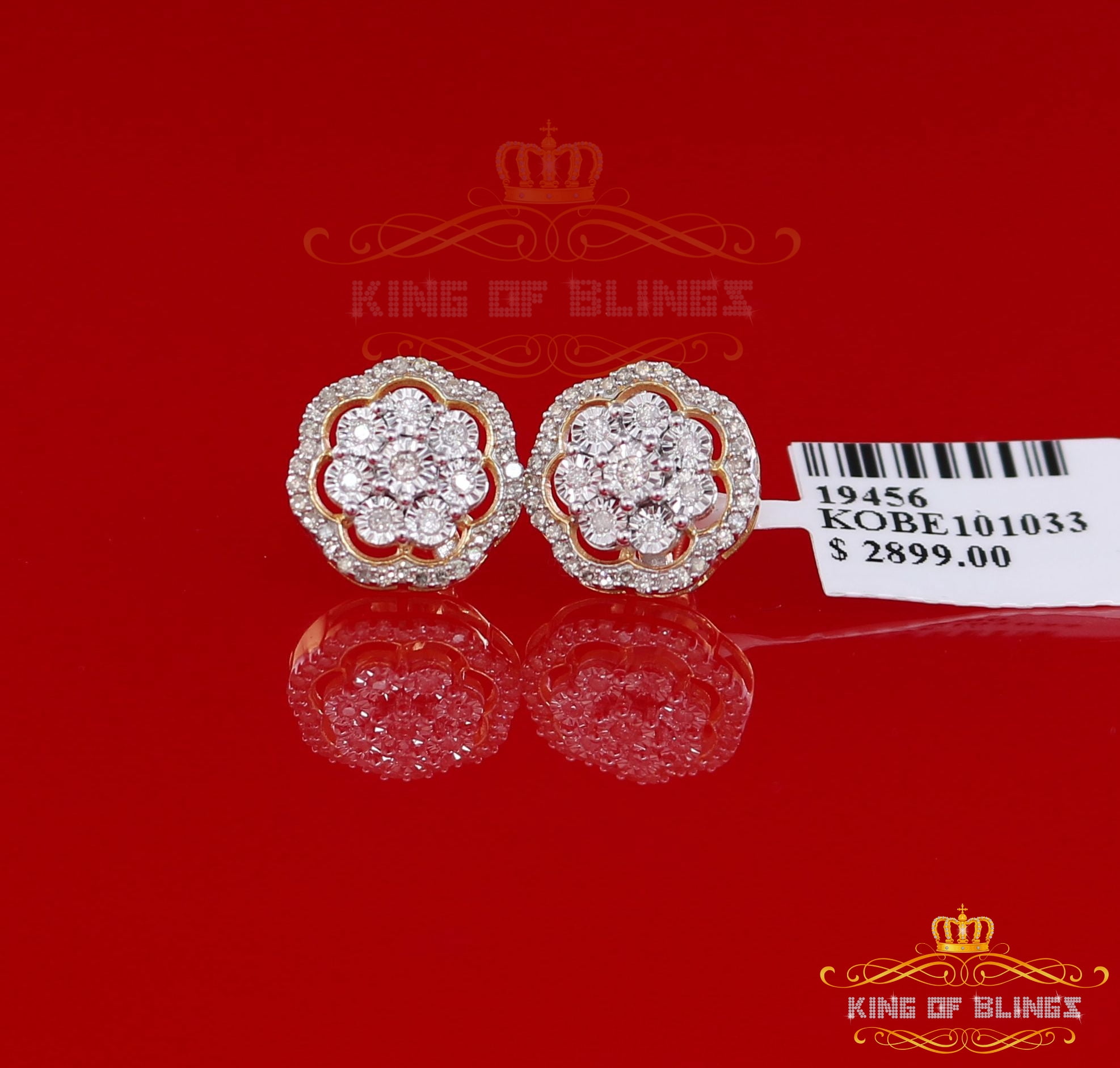 King of Bling's 10K Real Yellow Gold with 0.50CT Real Diamonds Men's/Women's stud Floral Earring