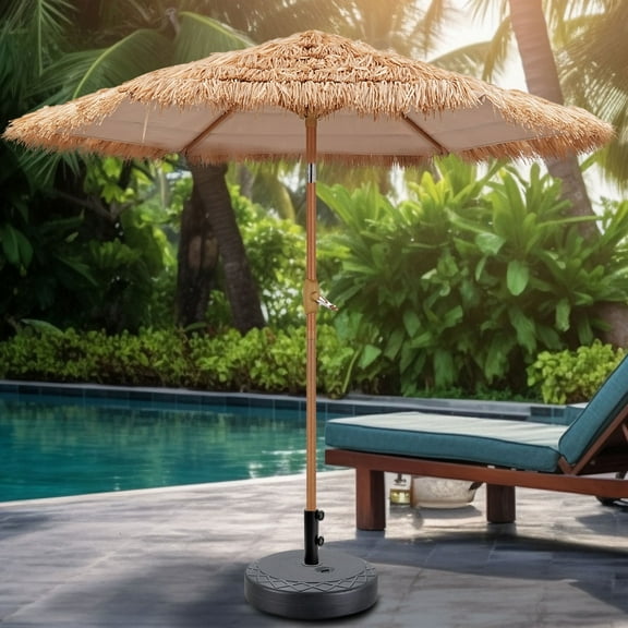 Autlaycil 7.5FT Grass Tiki Patio Umbrella Outdoor Table Umbrella with Push Button Tilt and Crank, Contain Umbrella Base