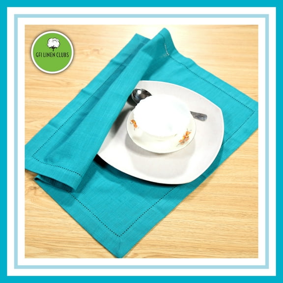 GFI LINEN CLUBS -100 % Cotton Slub by Slub Textured, Mitered Corners & Pre Washed Dinner Napkins with Hemstitched -18x18 Inches in TEAL Colour, Set of 6.