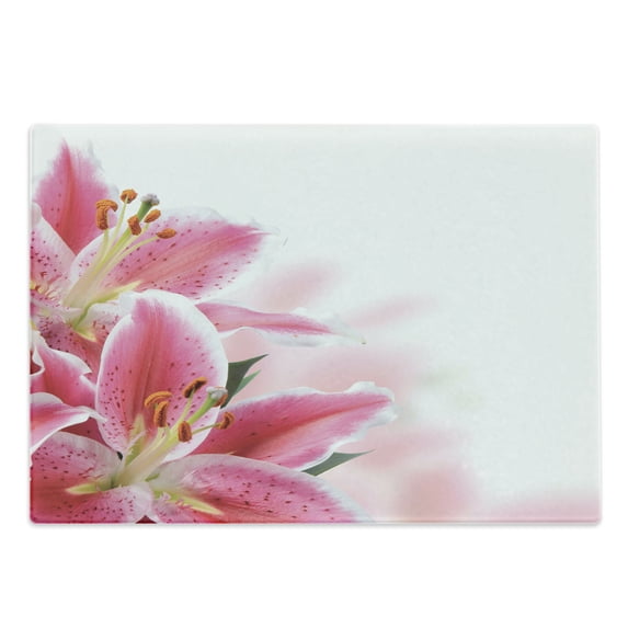 Pink and White Cutting Board, Florist Theme with Lilies Close up a Fresh Bouquet for the Loved Ones, Decorative Tempered Glass Cutting and Serving Board, Large Size, Pink Orange Green, by Ambesonne