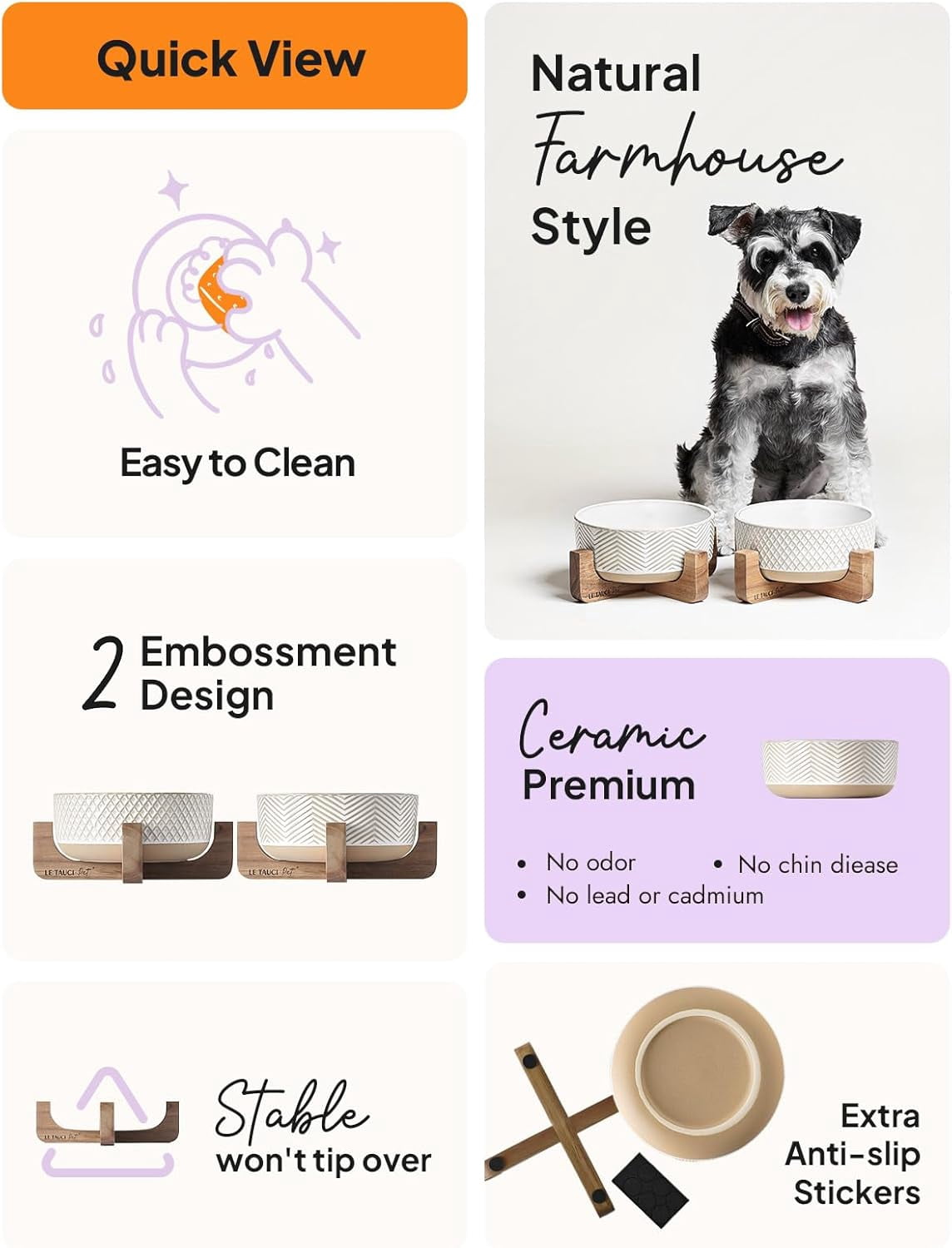 Ceramic Dog Bowls with Wood Stand, 4-Cup Pet Food and Water Dishes Set of 2 for Small Medium Dogs