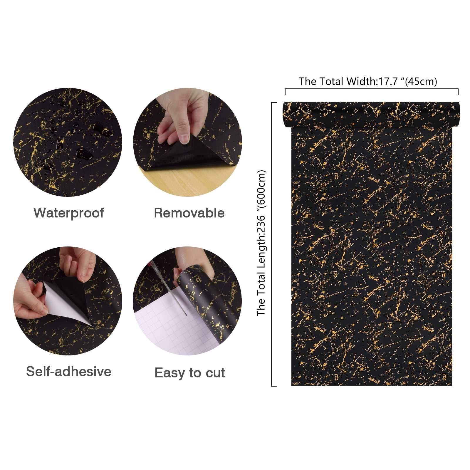 CHIHUT 17.7”x236” Black Gold Marble Contact Paper for Countertops Self Adhesive Vinyl Wallpaper
