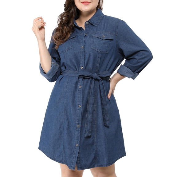 Agnes Orinda Women's Plus Size School College Easter Long Sleeves Button Down Belted Denim Shirt Midi Jean Dresses 1X Blue