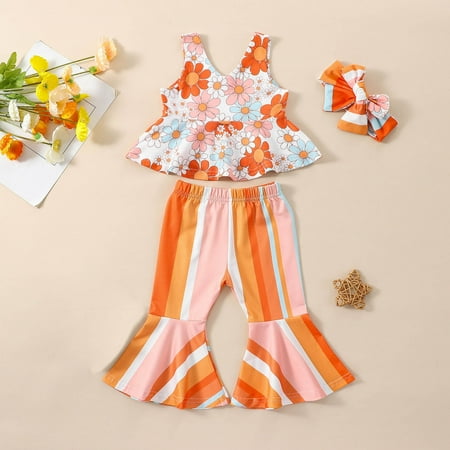 

2Pcs Baby Girls Outfit Clearance Toddler Kids Baby Girls Fashion Cute Flower Print Ruffles Vest Flared Pants Hairband Suit