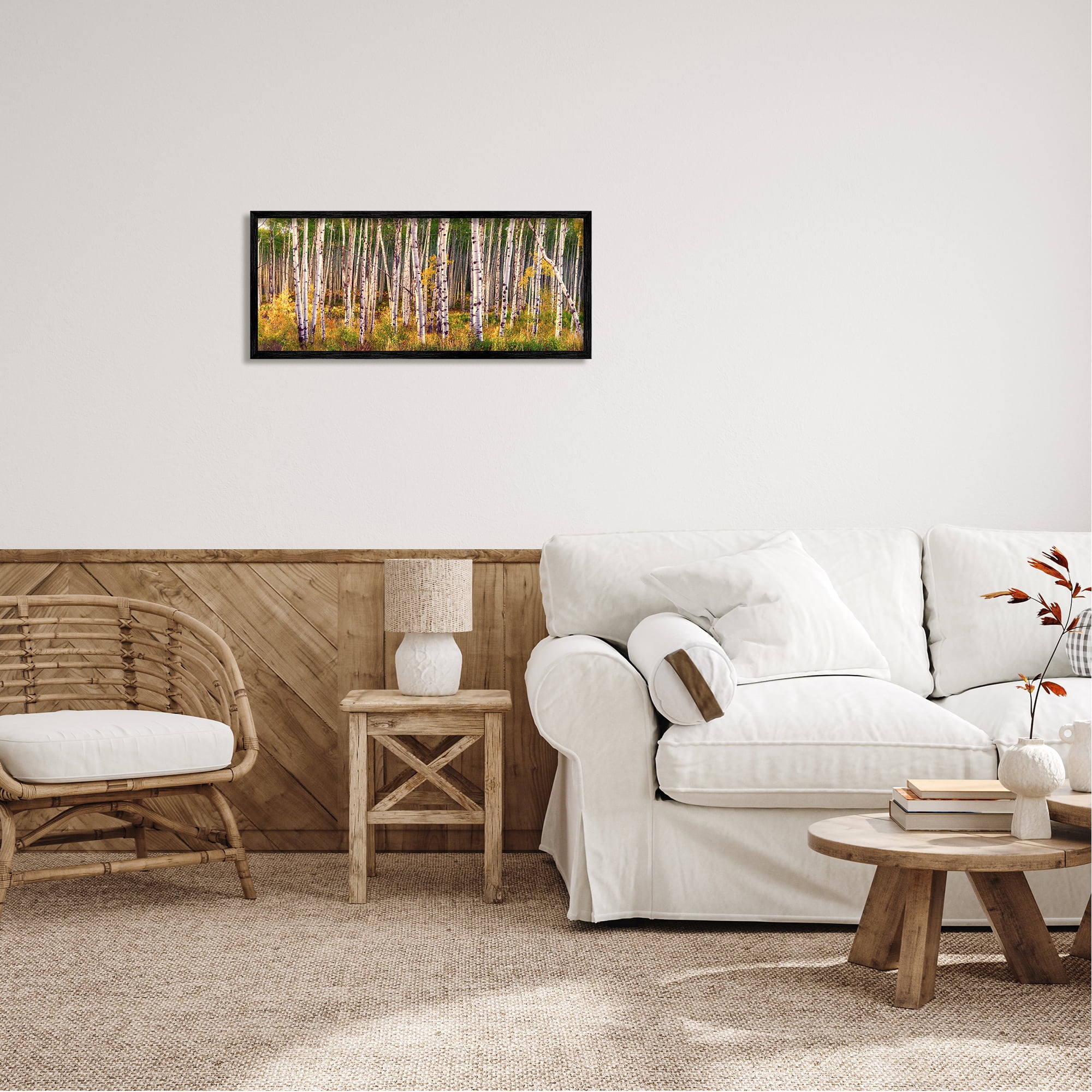 Stupell Industries Autumn Birch Trees Nature Painting Black Framed Art Print Wall Art, 30 x 13