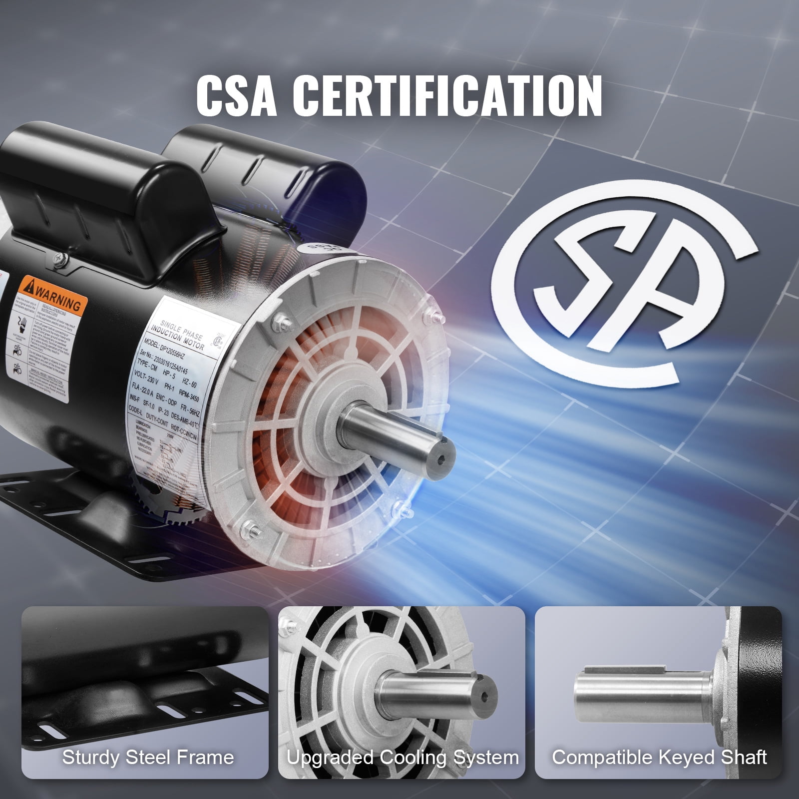 SKYSHALO 5HP Air Compressor Electric Motor, 230V 22 Amps, 56HZ Frame 3450RPM, 7/8" Keyed Shaft, CW/CCW Rotation, 2.25" Shaft Length for Air Compressors Has Obtained CSA Certification