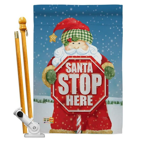 Breeze Decor BD-XM-HS-114137-IP-BO-D-US17-AM 28 x 40 in. Santa Stop Here Winter Christmas Impressions Decorative Vertical Double Sided House Flag Set & Pole Bracket Hardware