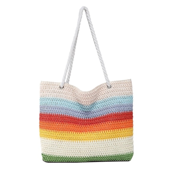 Rainbow Striped Color Block Straw Bag, Large Capacity Beach & Vacation Tote,Beach Bags For Women