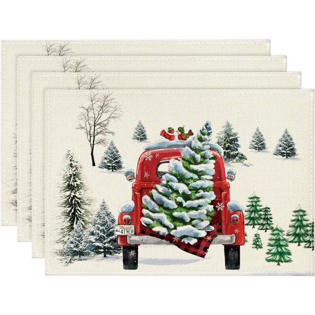 Juego de 4 manteles individuales navideños con diseño de árboles y camiones de acuarela, de 30 x 45 cm, para banquetes de invierno, lavables, para decoración de fiestas de cocina