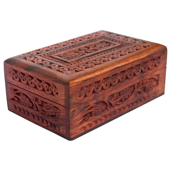 Handmade Wooden Jewellery Box for Women Wood Jewel Organizer Hand Carved with Intricate Carvings Gift Items - 6 inches