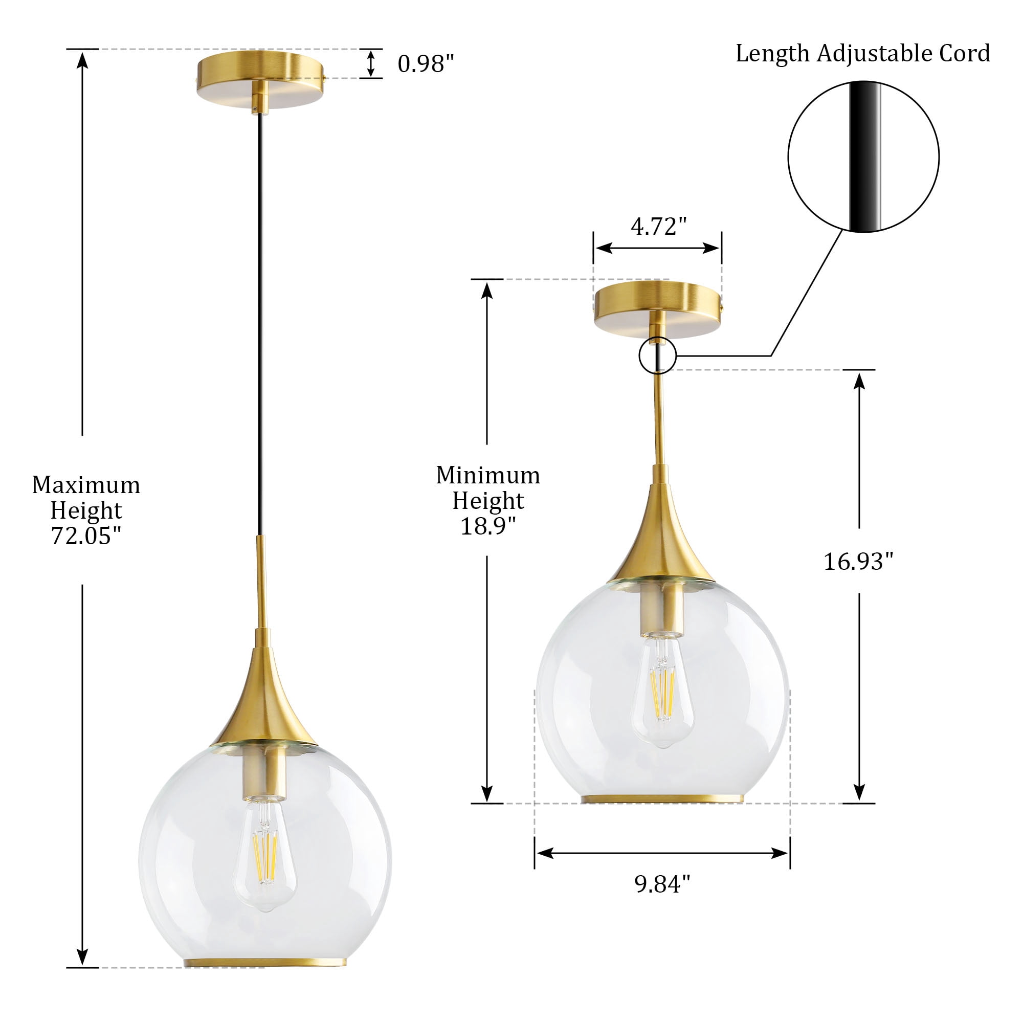 KAISITE Modern Pendant Light Fixture Dimmable Kitchen Island Hanging Ceiling Lights with Glass Shade-Gold