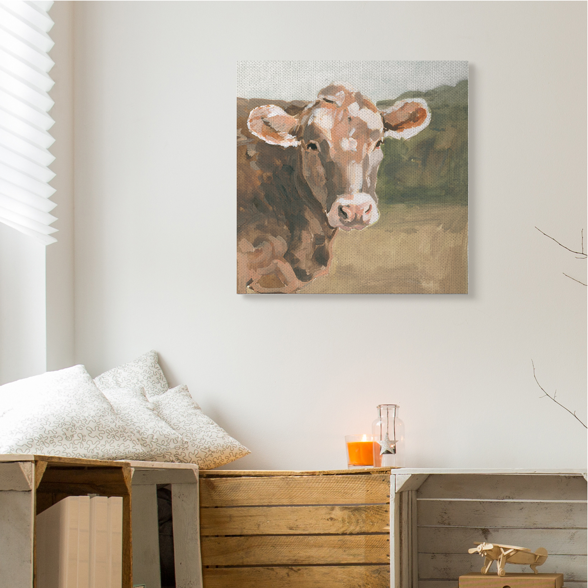 Stupell Industries Soft Country Meadow Cow Quaint Farm Animal Animals & Insects Painting Gallery Wrapped Canvas Art Print Wall Art, 30 x 30