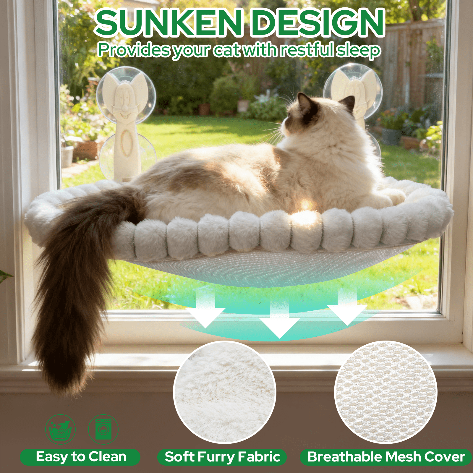Euqvunn Cat Window Perch, Cat Window Hammock with Metal Frame and Reversible Cover&4 Strong Suction Cups, No Drilling, Cat Beds for Indoor Cats for Sunbathing, Napping & Overlooking(White,Velvet)