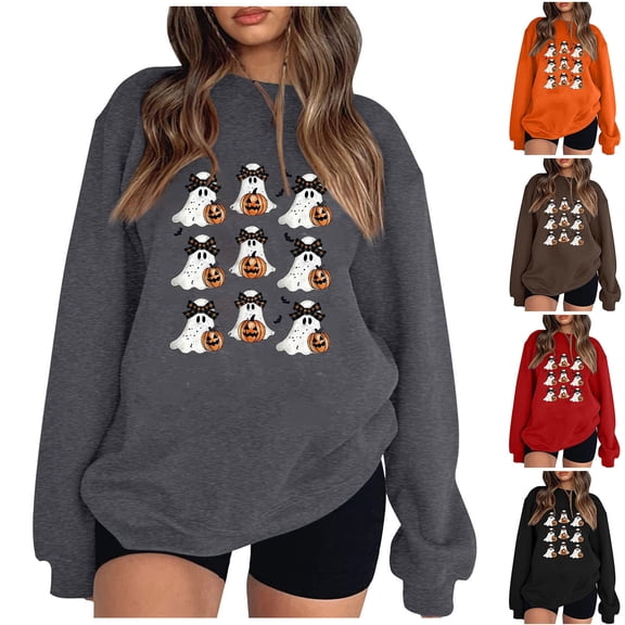Wooowa Halloween Spooky Season Sweatshirt for Women Ghost Sweatshirts Fall Round Neck Long Sleeve Oversized Pullover Top