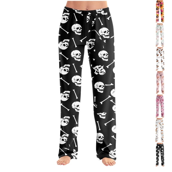 Clossjun Pajama Pants for Women Daily Wear Halloween Pumpkin Bat Ghost Print Pajamas Bottoms Soft Wide-Leg Trousers With Pockets XL