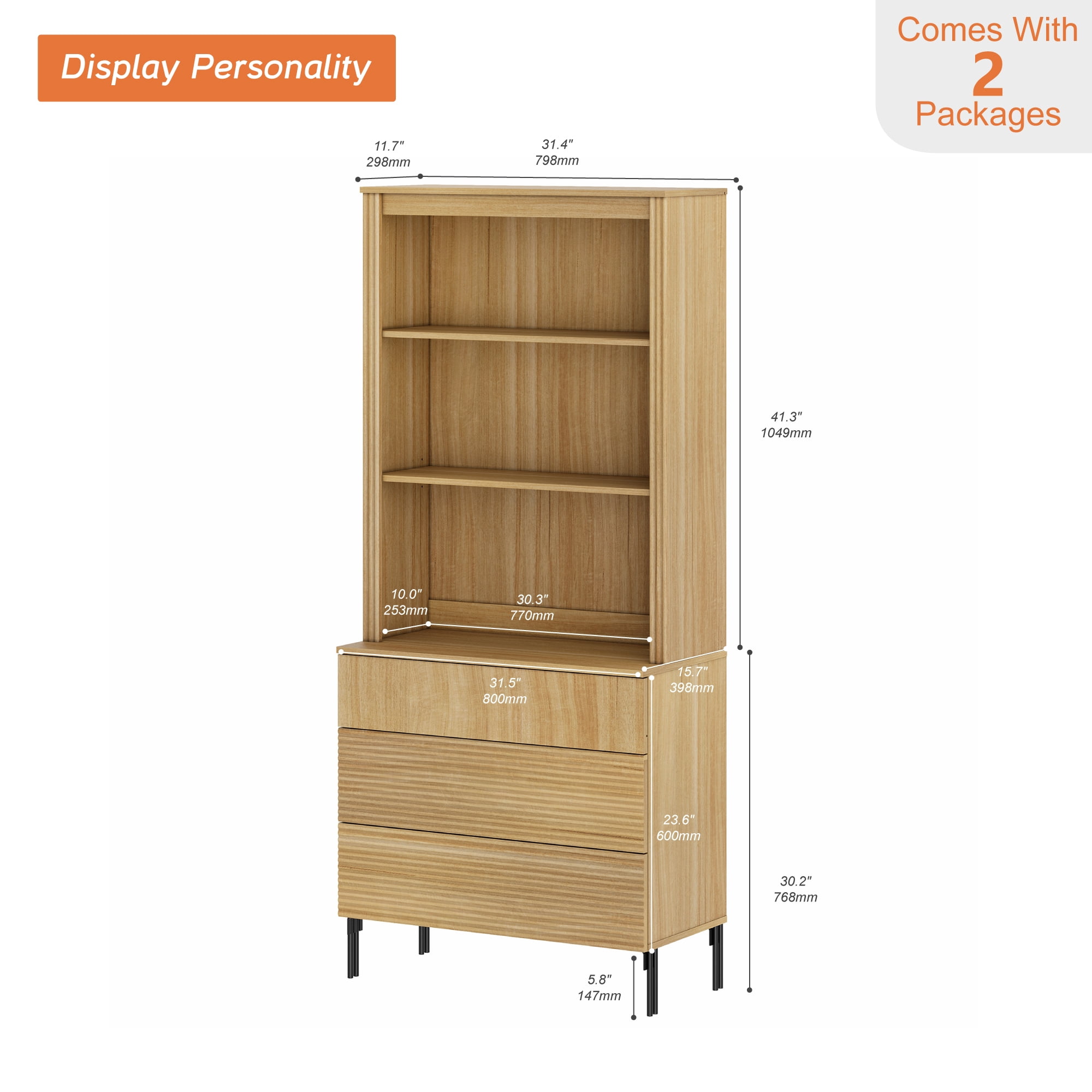 71.6" Tall Fluted Kitchen Pantry Cabinet, Wood Bookcase Display Cabinet with Drawers and Adjustable Shelves, Modern Versatile Cupboard For Dining Room, Bedroom