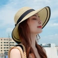 thumbnail image 5 of Sombrero de circunferencia de 54-58 cm, sombrero femenino de verano para exteriores, playa, aleros grandes, protector solar, parasol, sombrero de paja, pajarita plegable, 5 of 5