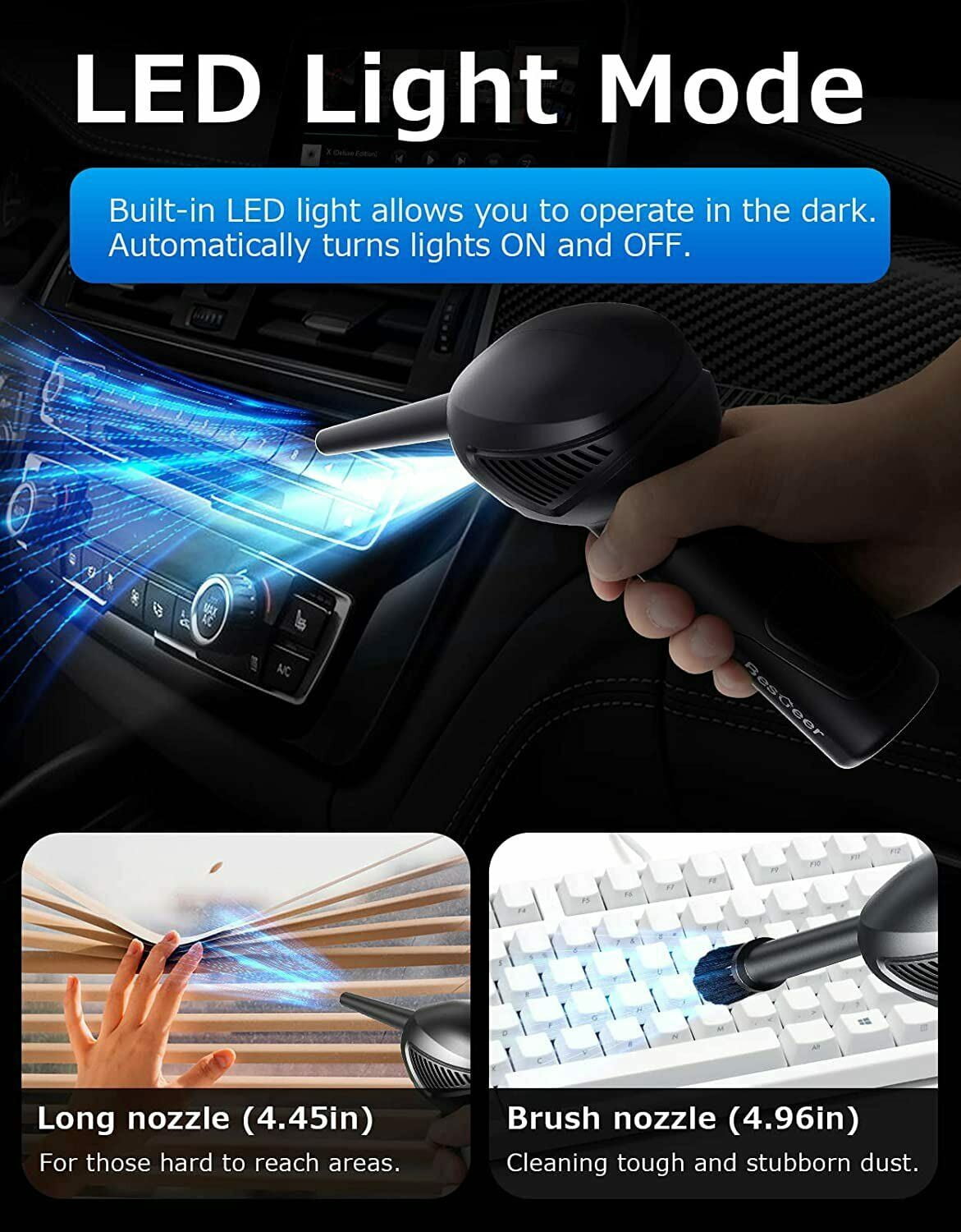 Compressed Air Duster, Cordless Electric Air Blower with LED Lighting for Computer, 2-Gear Adjustable Power Dust Cleaner, Rechargeable Portable Mini Blower for Electronics, Keyboard, PC & Car