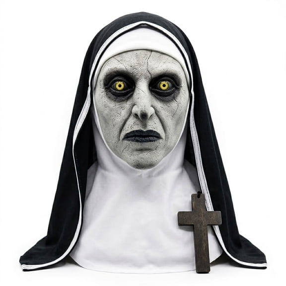 Scary Demonic Nun Mask for Adults, Creepy Evil Sister Full Head Latex Masque with Veil, Horror Cosplay Costume Props for Halloween Party