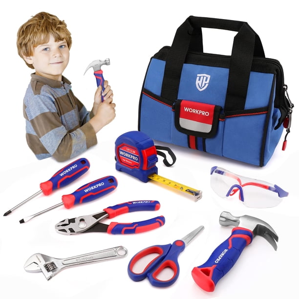 Juego de herramientas WORKPRO Kids Real Hand de 9 piezas con bolsa de almacenamiento azul