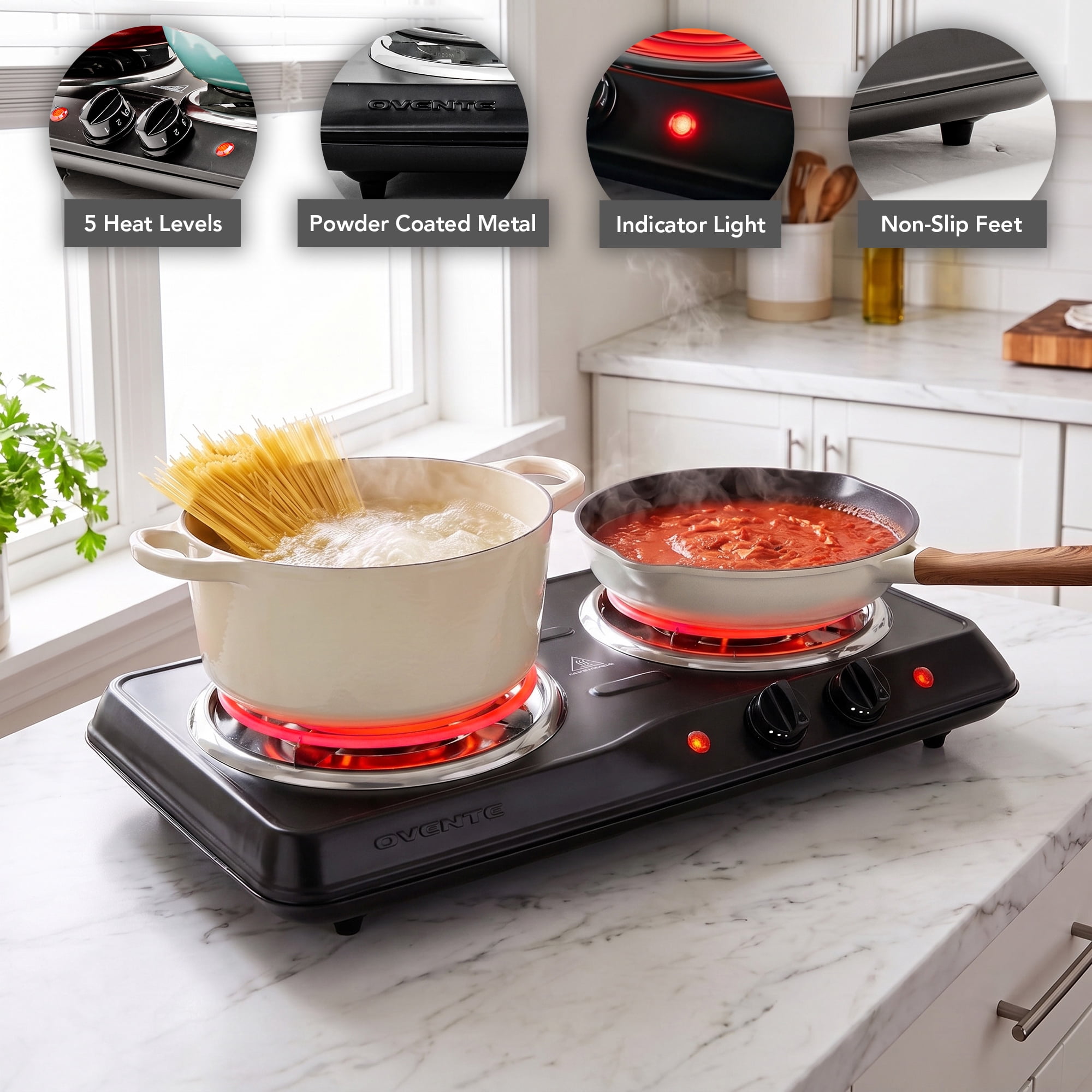 OVENTE Electric Double Burner, 1700W Coil Hot Plate, Black BGC102B, 6" & 5.75" Portable Countertop Cooktop, Metal Housing, 5-Level Temperature Control, Indicator Light, Easy-to-Clean, Compact