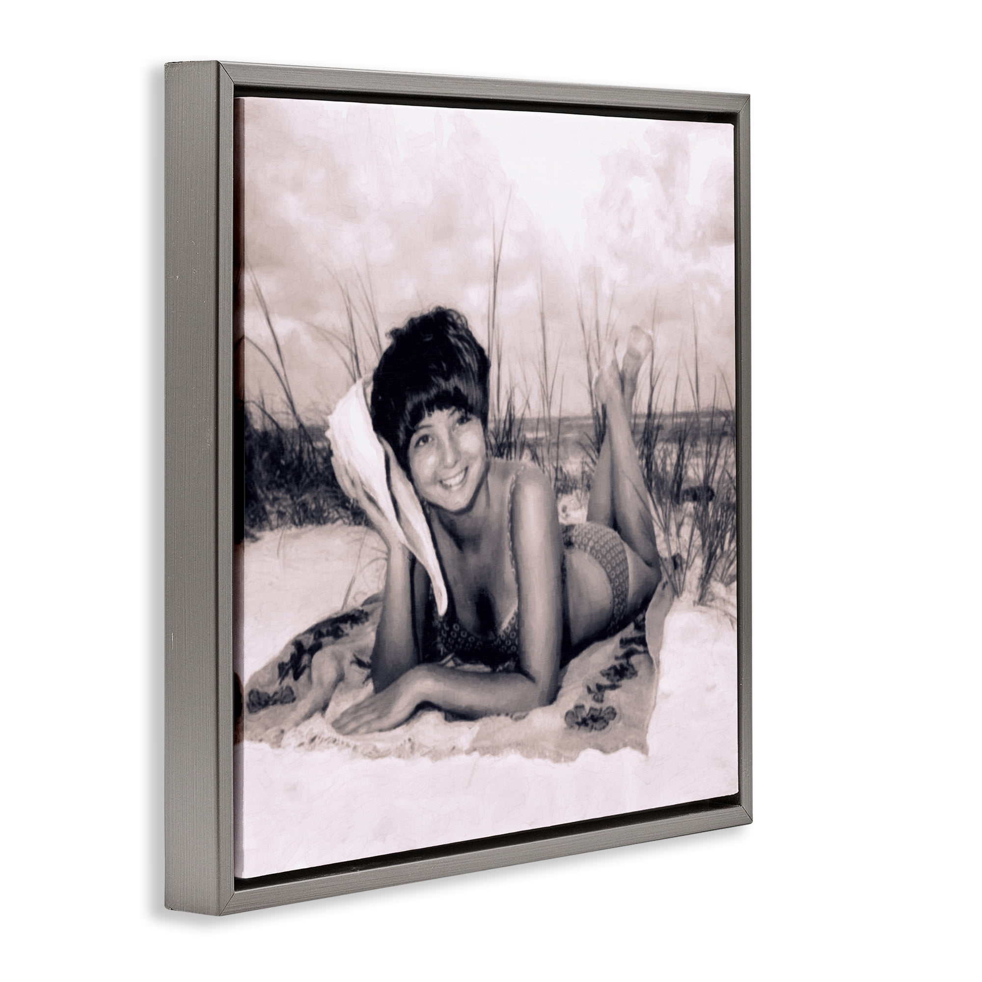 Stupell Industries Vintage Summer Girl with Conch Gray Framed Floater Canvas Wall Art, design by Grotto Studios