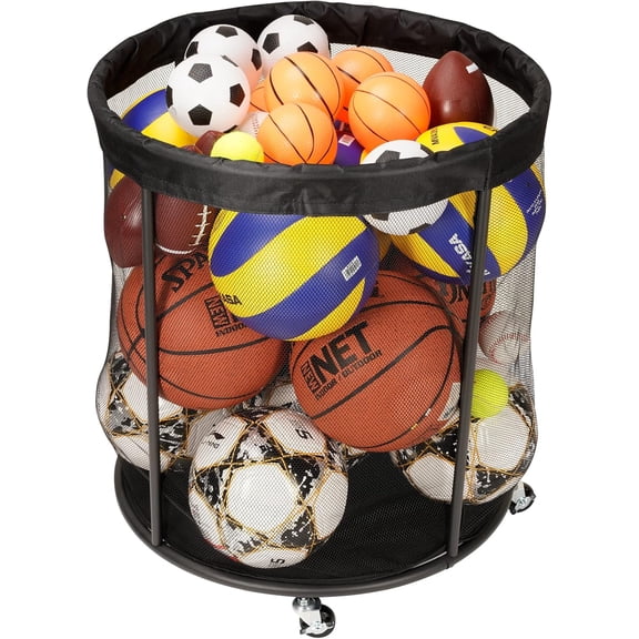Sports Equipment Organizer for Garage, Mesh Ball Holder for Soccer, Basketball, Volleyball, Baseball, 48 Gals Ball Cart for Holding Ball, Rolling Sports Organizer, Black