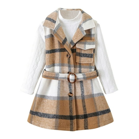 

Sodopo Baby Girls Clothes Set Plaid Sleeveless Knitted Long Coat Dress and White Long Sleeve Top Pullover Casual Children s Suit Two-piece