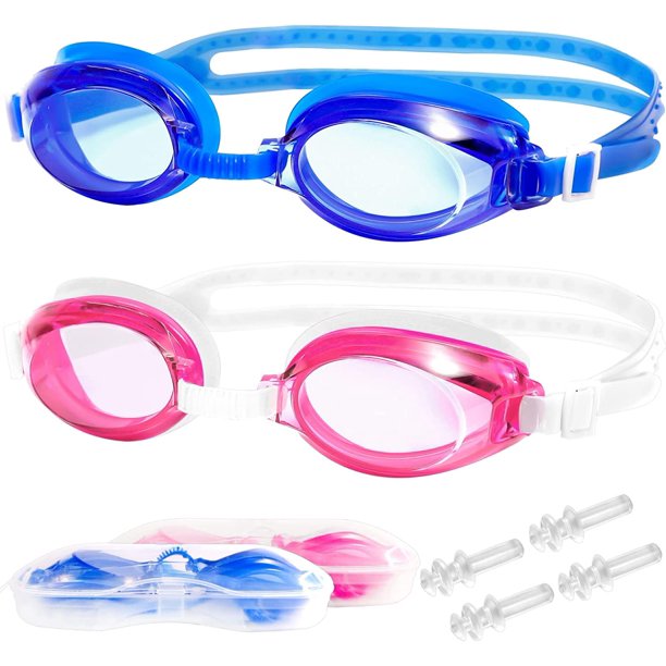 gafas de natación para niños, gafas de natación antivaho, gafas de buceo, gafas de natación para niños ajustables con tapones para los oídos, funda para gafas para niños y niñas (rosa y azul) ACTIVE Biensenido a ACTIVE
